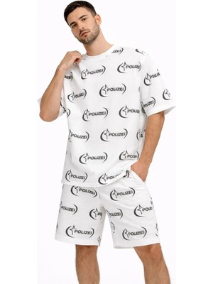 Giyim Center Erkek Oversize Ön ve Arka Baskılı Tişört Şort Takım Rahat Kalıp Yazlık Günlük Kombin - Beyaz