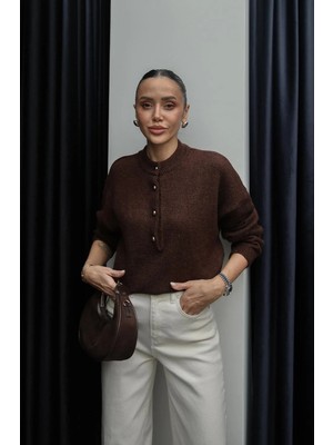 Havoş Kahverengi Üstte Düğmeli Kazak