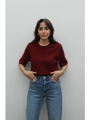 Havoş Bordo %100 Pamuk Bisiklet Yaka Tişört