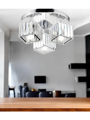 Allians Modern Kristal Taşlı Kare Üçlü Tavana Avizesi, Şık ve Işıltılı Tasarım