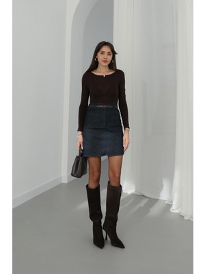 Havoş Lacivert Ince Kemerli Denim Etek