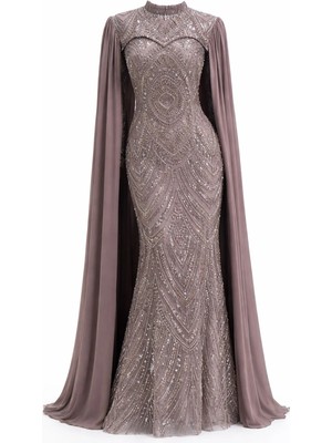 Olcay Çıkabilen Pelerin Detaylı Taşlı Tül Exclusive Büyük Beden Tesettür Abiye Elbise S.kahve 1074-B