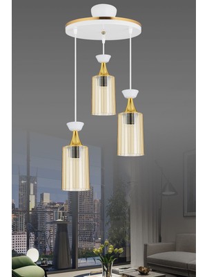 Allians Beyaz 3'lü Sarkıt Tepsi, Dubai Boru Mika ve Sarı Şeritli Modern Avize