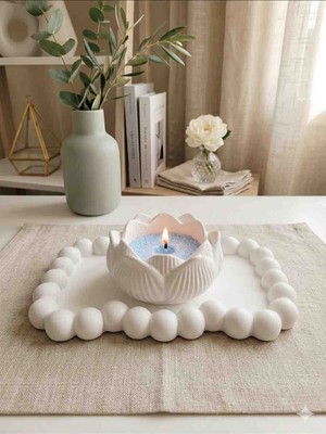 Aksesuar Kuşu Lotus Mumluk Seti Bubble Tepsi ve Inci Tozu Ile Birlikte Ev Dekorasyon Ürünü - Vernikli