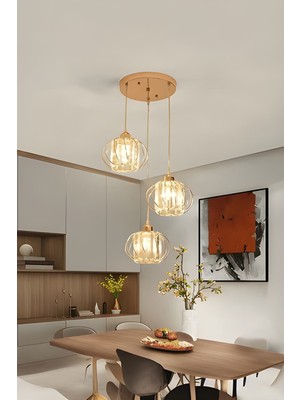 Allians Venezia Gold Renk Taşlı Estetik Dekoratif Üçlü Sarkıt Avize