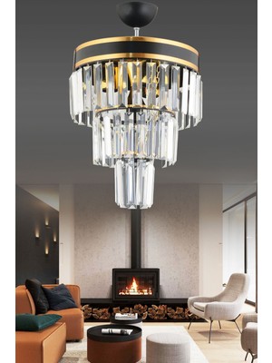 Allians Modern 3'lü Katlı Siyah ve Gold Yaldızlı Kristal Avize, 30 cm