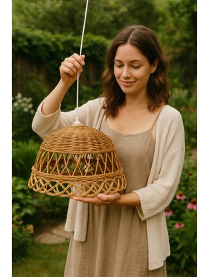 Allians Bambu ve Hasır Rattan Sarkıt Avize, 35 Cm, Şık ve Doğal Tasarım