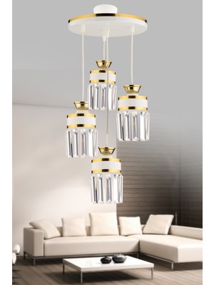 Allians Eylül 4'lü Beyaz Sarı Yaldızlı Sarkıt Kristal Taşlı Salon Avizesi