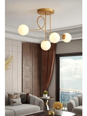 Allians Eva Modern Mat Gold Kasa Beyaz Camlı Dörtlü Avize, Şık ve Zarif Tasarım