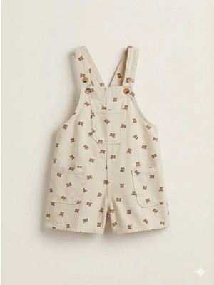 Ayıcık Desenli Askılı Bej Erkek Çocuk Salopet