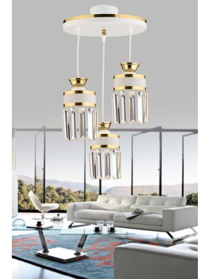 Allians Eylül 3'lü Sarkıt Kristal Taşlı Beyaz Sarı Yaldızlı Modern Avize