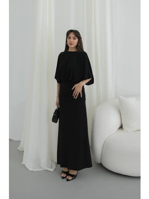 Havoş Siyah Kolları Geniş Drape Detaylı Elbise