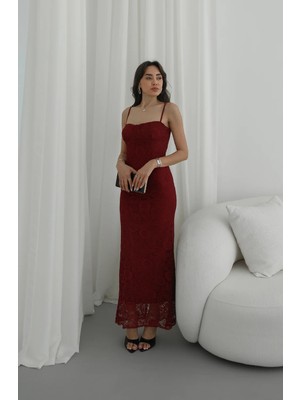 Havoş Bordo Kulplu Dantelli Askılı Elbise