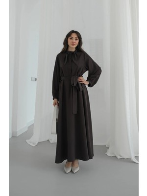 Havoş Acı Kahve Yakası Fular Detaylı Kuşaklı Elbise