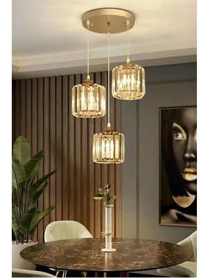 Allians Simora Model Gold Renk Kaplama Kristal Taşlı Modern Tavan Üçlü Sarkıt Avize