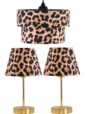 Allians Leopar Desenli Üçlü Avize ve Ikili Gold Metal Abajur Takımı