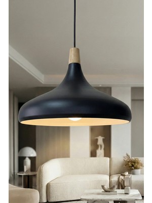 Allians Modern Siyah Metal Sarkıt Avize, Ahşap Detaylı, 35 Cm, Şık Salon Aydınlatması