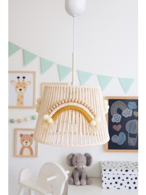 Allians Ekru Makrome Ip Sargı Gökkuşağı ve Ahşap Boncuklu Bebek Odası Avize