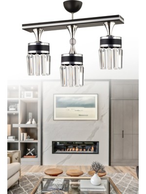 Allians Şık 3’lü Siyah Krom Yaldızlı Kristal Taş Modern Avize