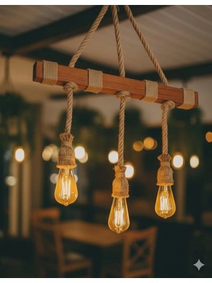 Allians Jüt Halat Sarkıt Ahşap Avize Bohem Tarzı 3'lü Rustik Aydınlatma