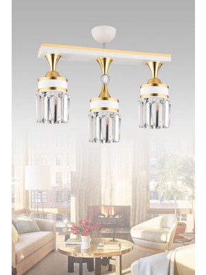 Allians Şık Beyaz Kristal Taşlı Sarı Şeritli Silindir Avize, Modern Tasarım