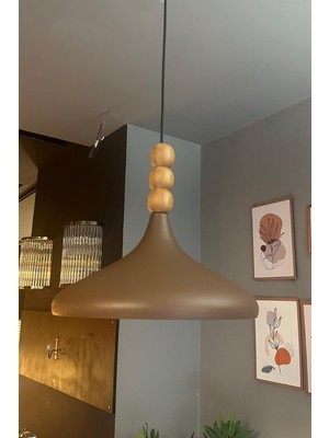 Allians Sütlü Kahve Ahşap Boncuklu Tekli Avize, Modern Salon ve Mutfak Aydınlatması