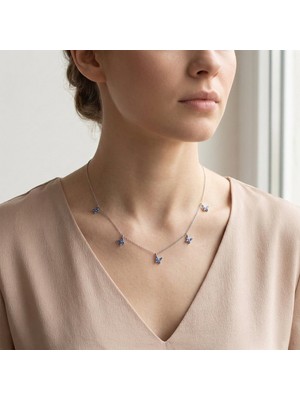 Vaoov 925 Ayar Gümüş Mavi Taşlı Rodyum Kaplama Şans Kelebek Kolye