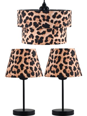 Allians Şık Leopar Desenli Üçlü Avize ve Siyah Metal Abajur Seti