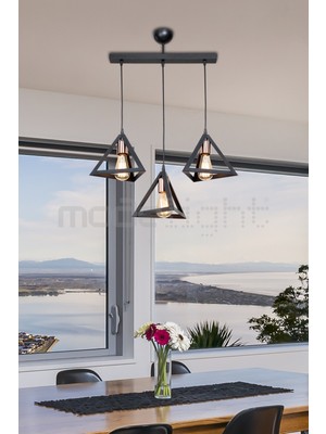 Allians Şık Siyah Bakır Lale Detaylı 3'lü Avize, Salon, Oturma, Çocuk, Yatak Odası, Mutfak Için