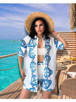 Mavi Beyaz Akdeniz Desenli Ikili Takım – Gömlek ve Şort