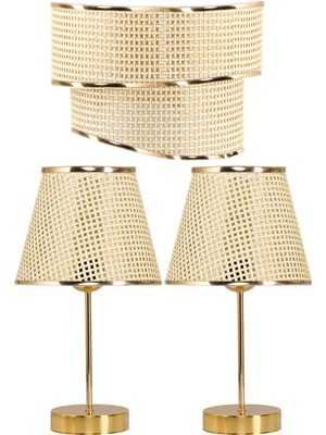 Allians Şeritli Rüzgar Gold Hazeran Pasta Sarkıt Avize ve Gold Abajur Seti