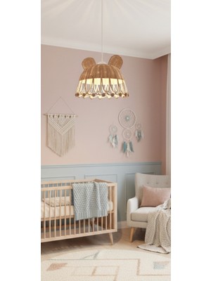 Allians Rattan Bambu Ahşap Boncuklu Bebek Odası Bohem Avize, Sevimli Panda Kulak Detaylı