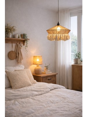 Allians El Yapımı Bohem Püsküllü Avize, Modern Rafya Bambu Tarz, Rustik Aydınlatma
