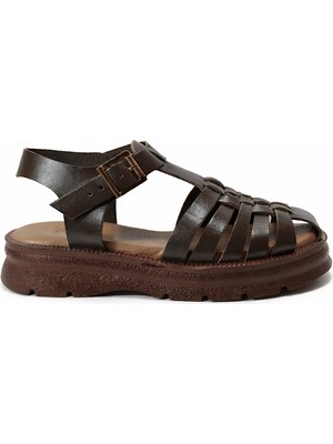 Beety 112.454 Hakiki Deri Kahverengi Kafesli Kadın Bodrum Sandalet