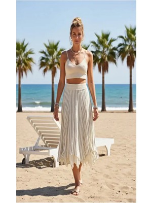 Fibula Otantik ve Bohem Standart Beden Bel Lastik % Yüz Pamuk Astarlı Asimetrik Çizgili Etek 36-44 Olur