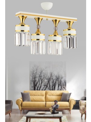 Allians Şık 4'lü Kristal Taşlı Beyaz Gold Modern Avize, Lüks ve Zarif Tasarım