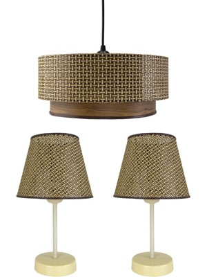 Allians Şık Lina Üçlü Avize ve Abajur Seti, Hasır Kahve-Ahşap Desen