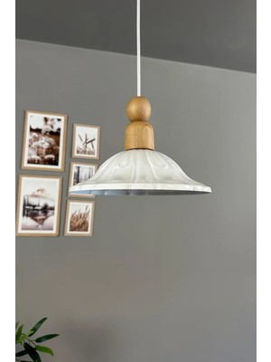 Allians Modern Beyaz Metal Avize, Kalın Ahşap Boncuklu, Sarkıt Aydınlatma