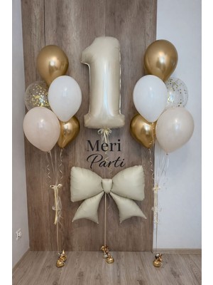 Meri Parti Gold Krem Fiyonk Temalı 1 Yaş Doğum Günü Balon Seti Fiyonk Balon 98 x 75 cm Doğum Günü Balon Set