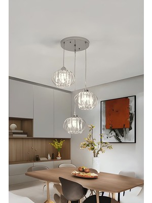 Allians Krom Renk Taşlı Estetik Dekoratif Üçlü Sarkıt Avize, Salon ve Mutfak Için