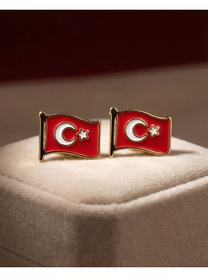 Zaytoon 2\'lu Türkiye Bayarğı Simgesi Altın Renkli Özel Tasarımlı Unisex Yaka Rozeti A300018-02