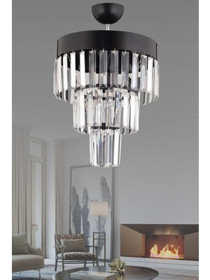 Allians Modern 3'lü Siyah Kristal Taşlı Katlı Avize, Şık ve Zarif Tasarım