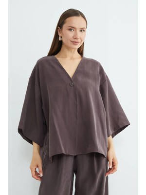 FullaModa Tek Düğmeli Tencel Kumaş Oversize Ceket