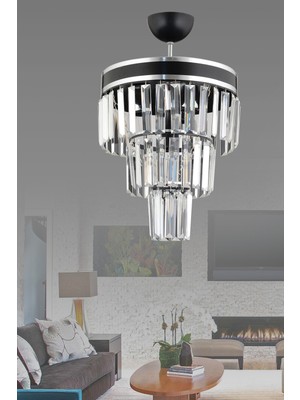 Allians Paris 3'lü Katlı Siyah Krom Yaldızlı Kristal Taşlı Modern Avize