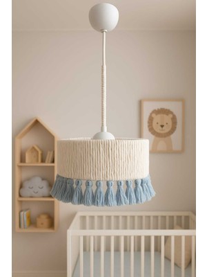 Allians Ekru Makrome Ip Sargı Gri Saçaklı Çocuk ve Bebek Odası Avizesi