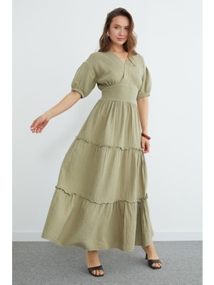 FullaModa Beli Gipeli Müslin Kumaş Maxi Boy Elbise