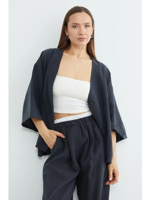 FullaModa Tek Düğmeli Tencel Kumaş Oversize Ceket