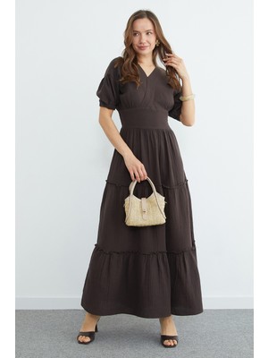 FullaModa Beli Gipeli Müslin Kumaş Maxi Boy Elbise