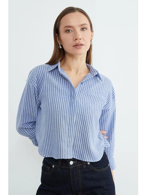 FullaModa Çizgili Jakarlı Crop Gömlek