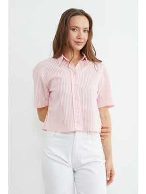 FullaModa Çizgili Oversize Crop Gömlek